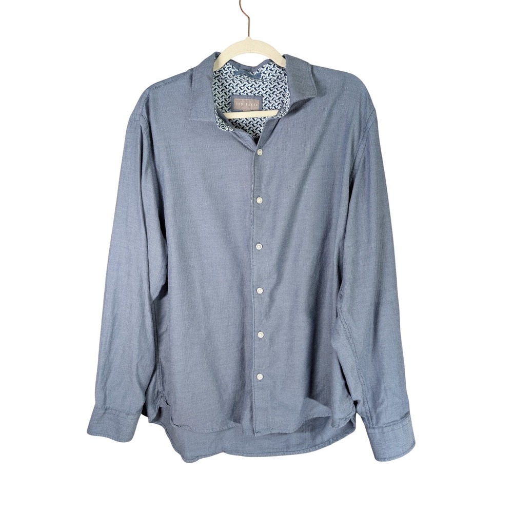 Ted Baker Shirt Mens XL Blue Herringbone Long Sleeve Button Down